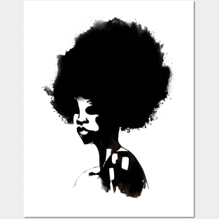 Afro hair woman, ink brush painting Posters and Art